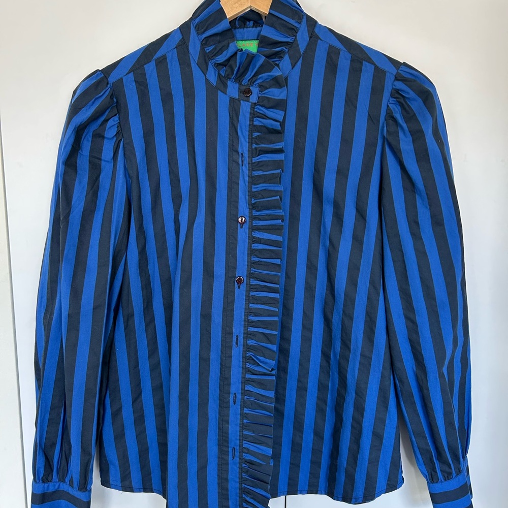 Clare V. Blue and Black Striped Button Down Shirt blouse shirt top